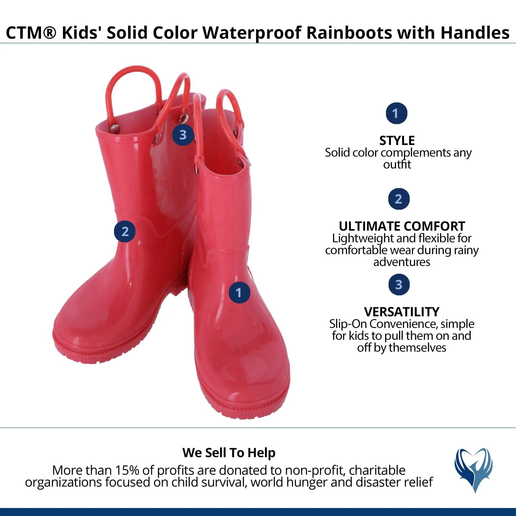 CTM® Kids' Solid Color Waterproof Rainboots with Handles